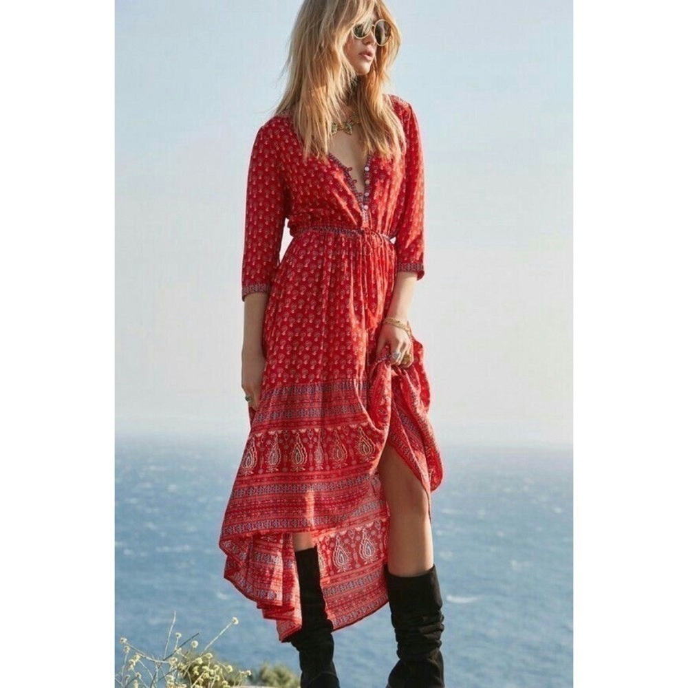 Spell Dress Gypsiana Hi-Low Maxi Tassels Floral Asymmetric Red Bandana‎ S FLAW